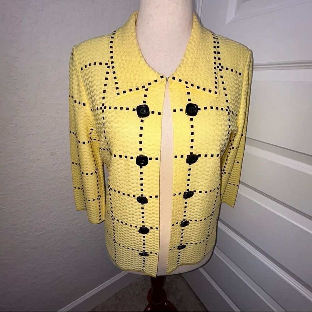 MING WANG Faux Decorative Button Open Front 3/4 Length Sleeve Cardigan Jacket